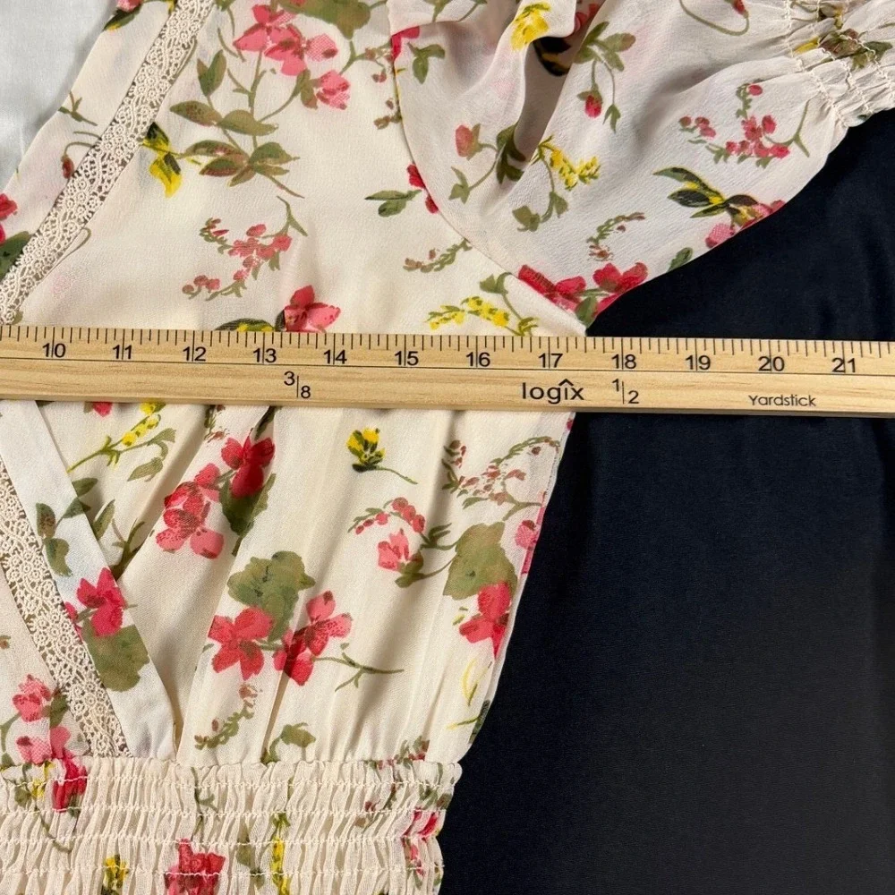 Taylor Floral Chiffon Tiered Mini Dress Cream Pink Smocked Waist Size M‎ - Picture 3 of 9
